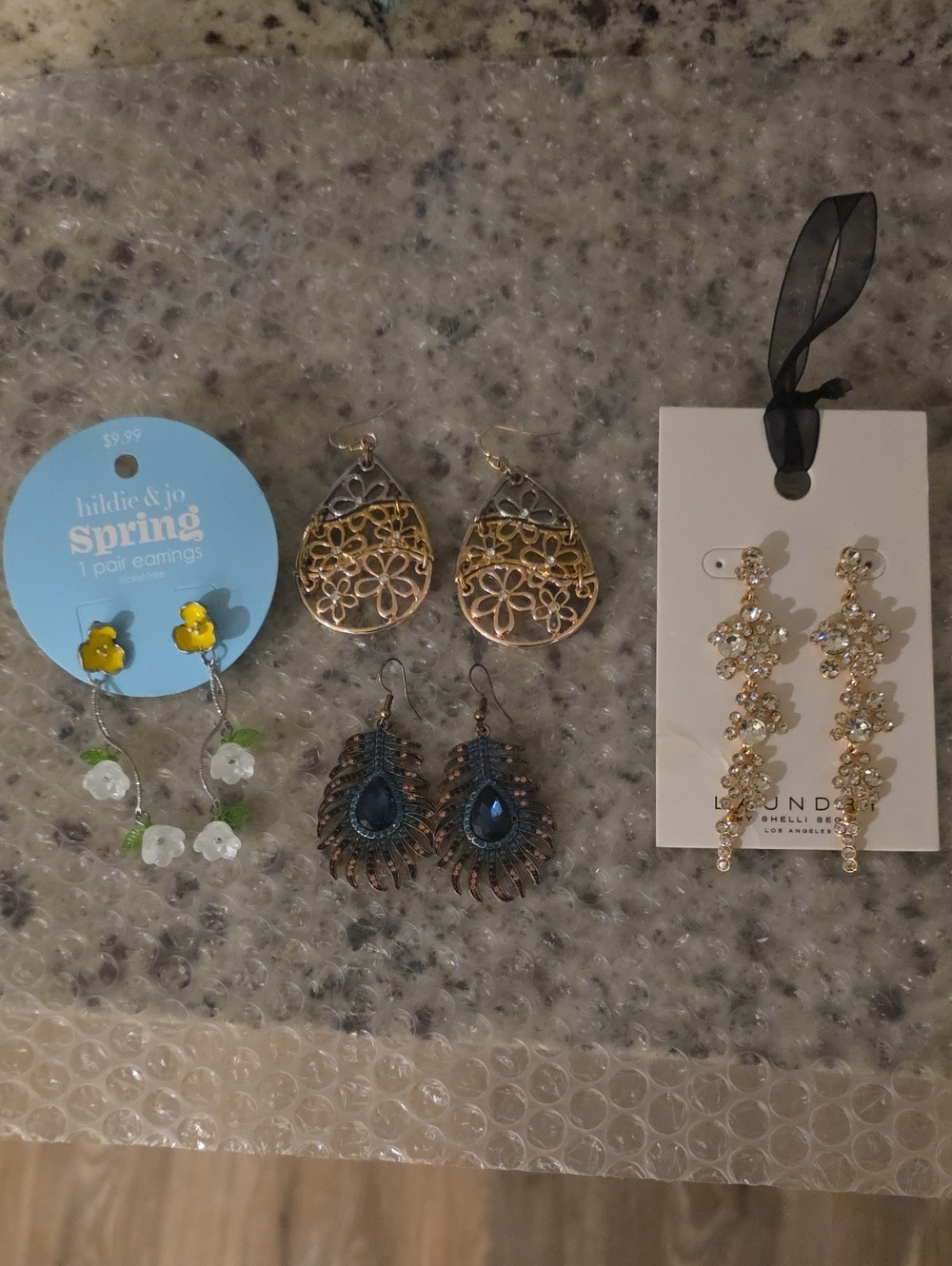 Mixed Earring Set - Yellow Flower, Gold Filigree, Blue Teardrop, Crystal Drops